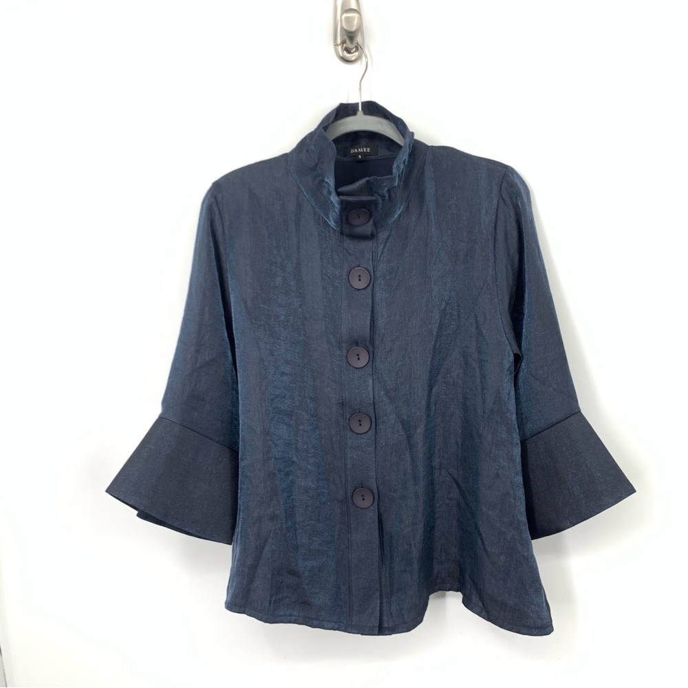 Damee Inc Women Size Small Jacket Button Front Top Metallic Blue Art To Wear 3/4